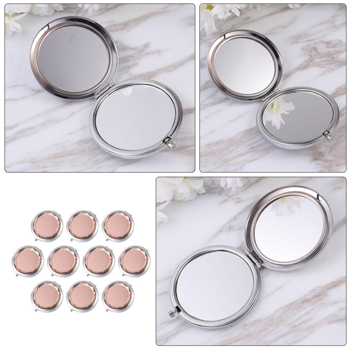 Artibetter Tragbarer Kosmetikspiegel aus Metall und Glas 10 Stück-Pack Kompakter Reise Taschenspiegel Leichter Doppelseitiger Make Up Spiegel für Frauen Unterwegs