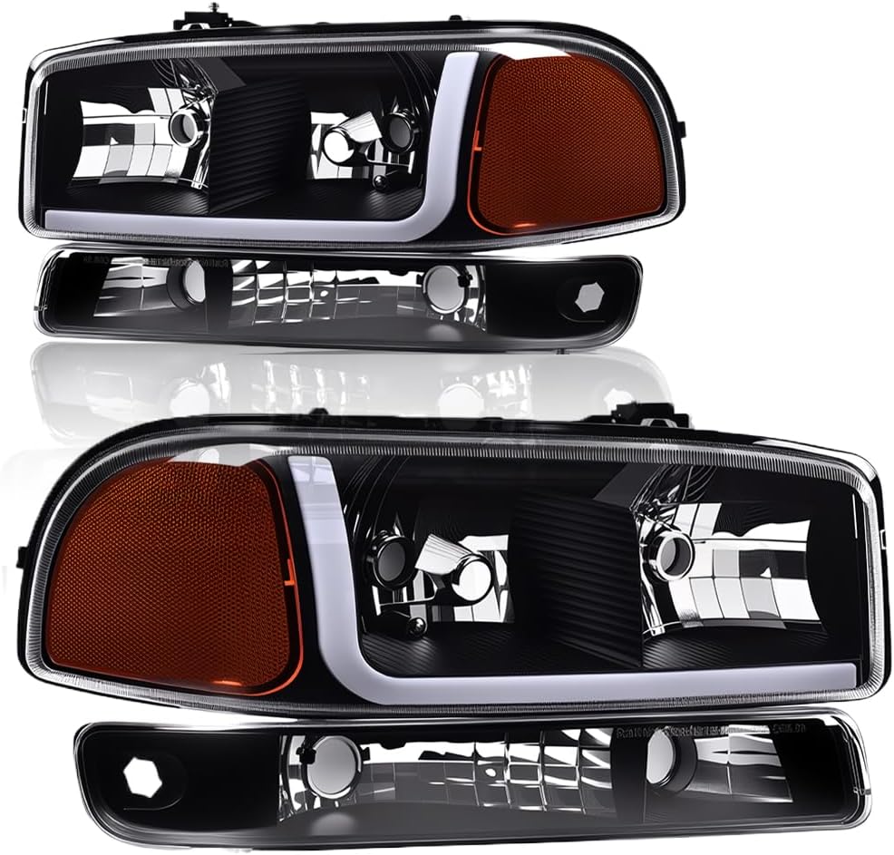 PIT66 LED Headlight Assembly, Compatible with 1999-2007 GMC Sierra, Fit 1999-2006 GMC Yukon, Replacement Headlamps Clear Lens Black Housing Amber Reflector