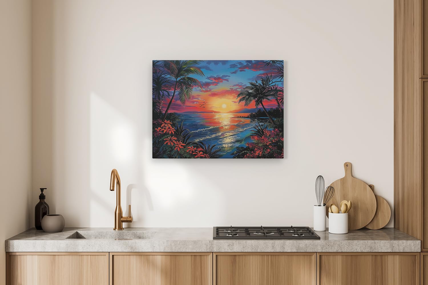 Artaza Leinwand Bilder Sonnenuntergang Meer - 80x60 cm - Wanddeko Strand - Wandbilder Palmen - Deko Wohnzimmer