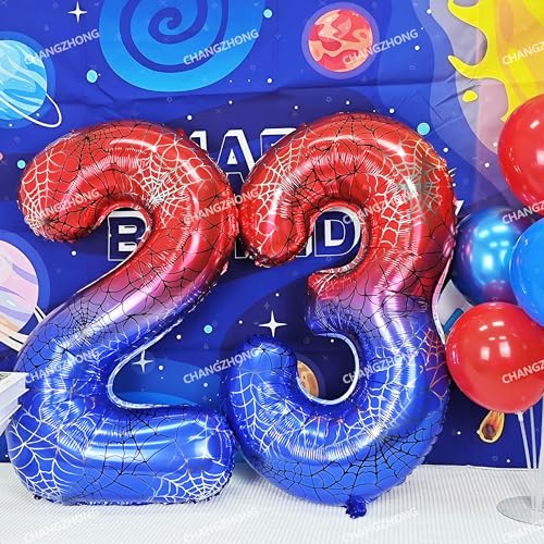 Image of 40 In Red And Blue Spider Theme Large Number 4 Balloon | Giant Large Helium Foil Balloon for Boy or Girl 4 th Birthday Wedding Anniversary Baby Shower Party Decorations