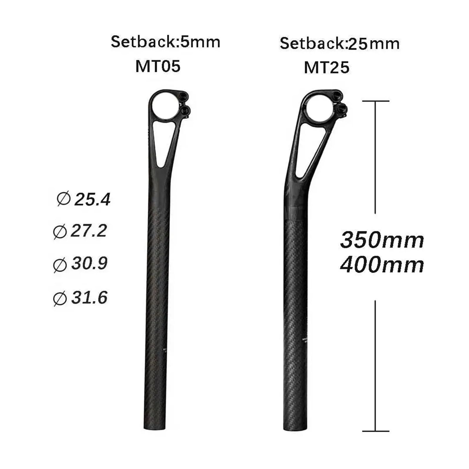 Reggisella leggero in carbonio con arretramento for biciclette da strada | Tubo sella bici arretramento 5/25 mm 25,4/27,2/30,9/31,6 mm, 150 g