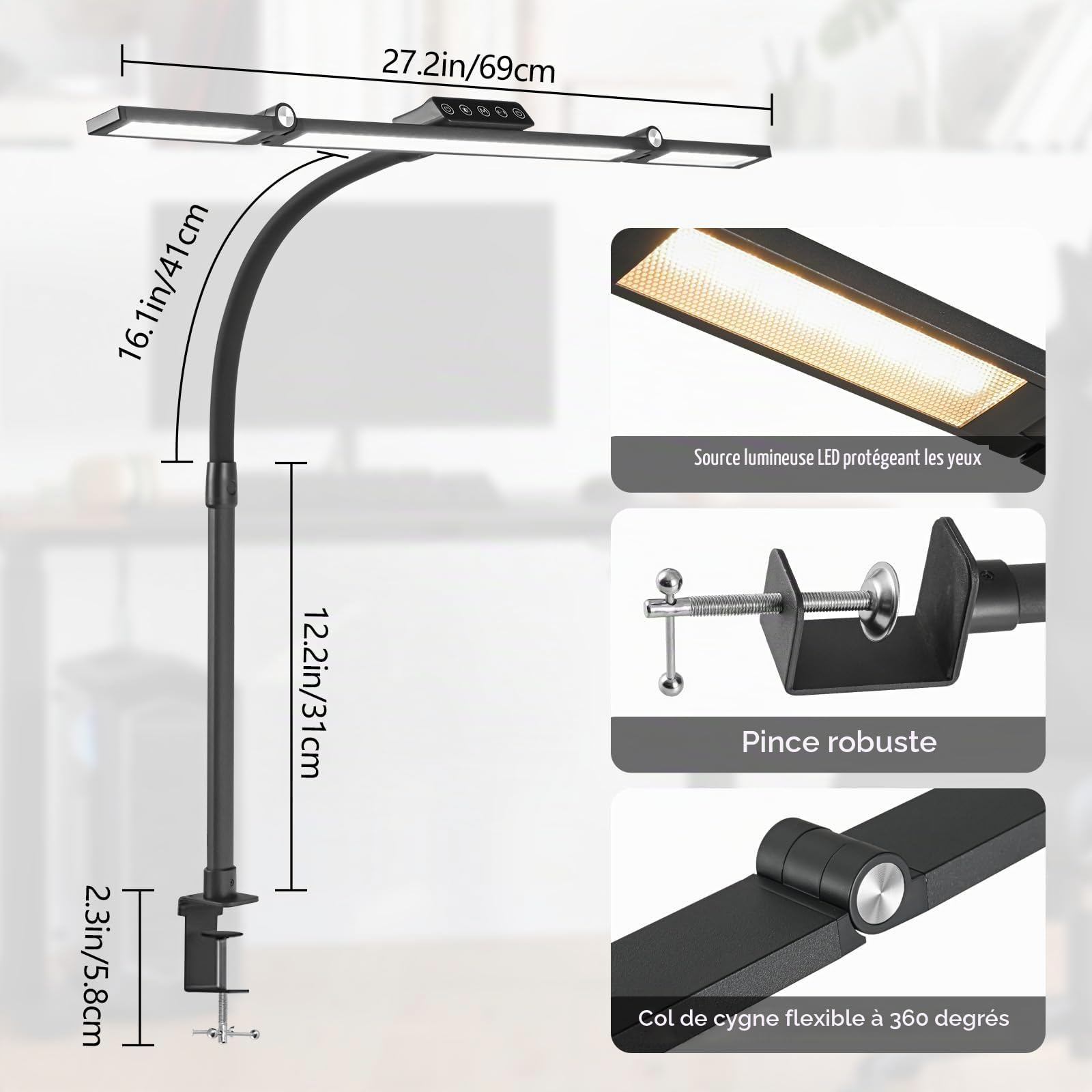 Lampe de bureau LED dimmable,24W led lumiere puissante à pince avec télécommande,lampe ultra-lumineuse à lumière du jour,5 couleurs et 5 niveaux de luminosité,lampe de bureau à col de cygne noire