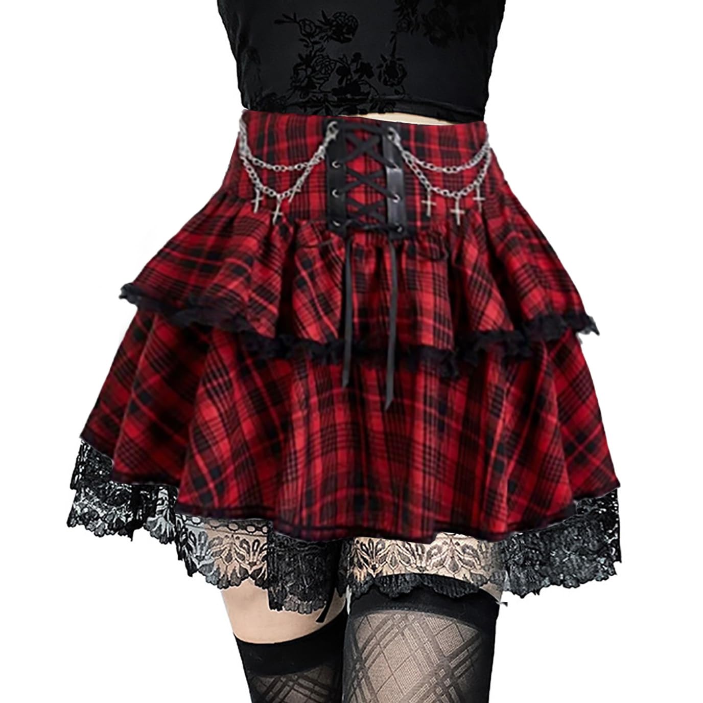 XKBHYD Gothic Rock Damen RARA Skirt Y2k Lace Up Ruffle Spitzenbesatz Minirock mit Ketten Femboy Punk Sommerrock