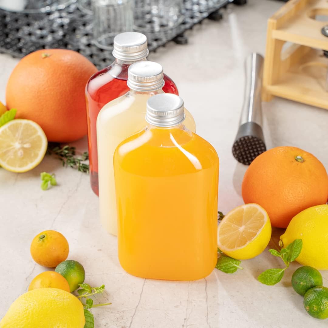 Restaurantware Bottle Tek 10 Ounce Liquor Bottles 100 Flask Empty Plastic Bottles - Disposable With Aluminum Lids Clear Plastic Party Favor Bottle For Juice Ginger Or Sauces
