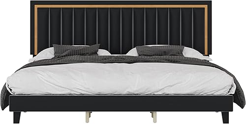 Miniatura 5 de Cama de plataforma tapizada de terciopelo tamaño King con diseño de ribete dorado, marco de cama moderno con cabecera ajustable, diseño sin ruido y