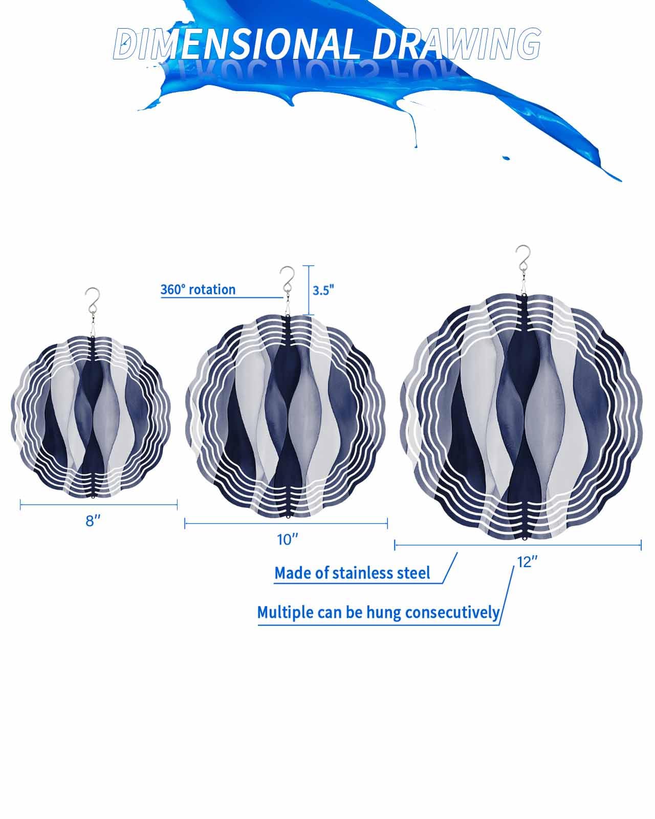 Abstract Wind Spinners, Dark Blue Gradient Ripple Hanging Wind Spinners for Yard and Garden 3D Stainless Steel Metal Sculptures Crafts Ornaments 10 Inch