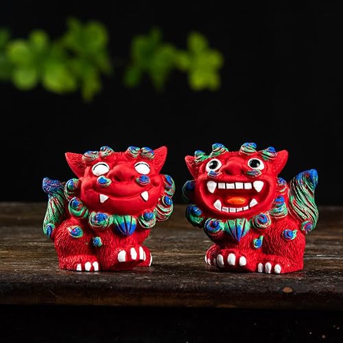 Qyuena Beijing Fu Foo Dogs Figurine Mini Guardian Lion Light House Decoration Housewarming Feng Shui Decor Lucky Wealth and Prosperity (Red, Small)