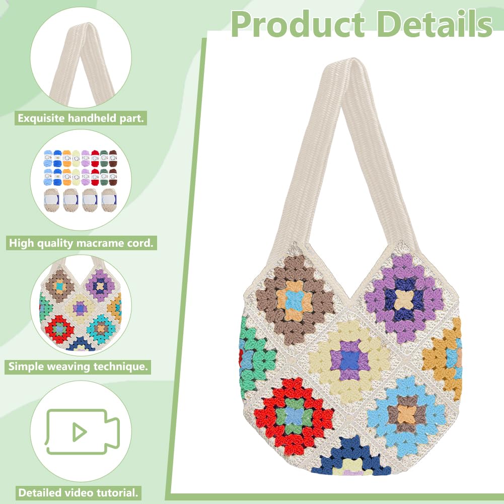 ORIGACH Set di borse all'uncinetto per principianti, Granny Square, set all'uncinetto per adulti, con passo per passo le istruzioni video (lingua italiana non garantita), beige