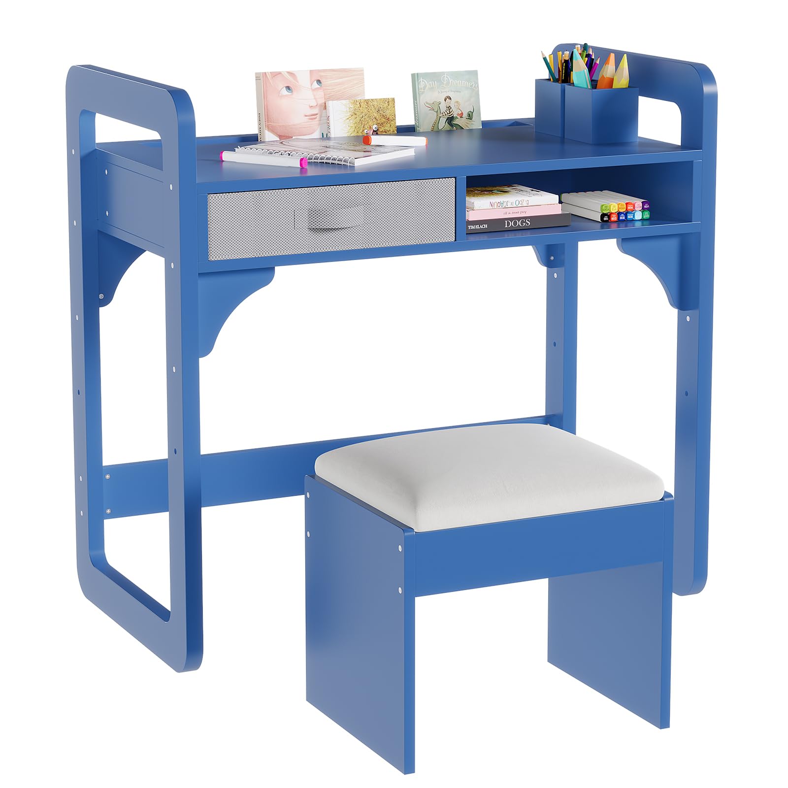 Kids Desk and Chair Set, Study Desk for Boys and Girl, Wooden Kids Writing Table with Cloth Drawers and Pen Holder, Blue