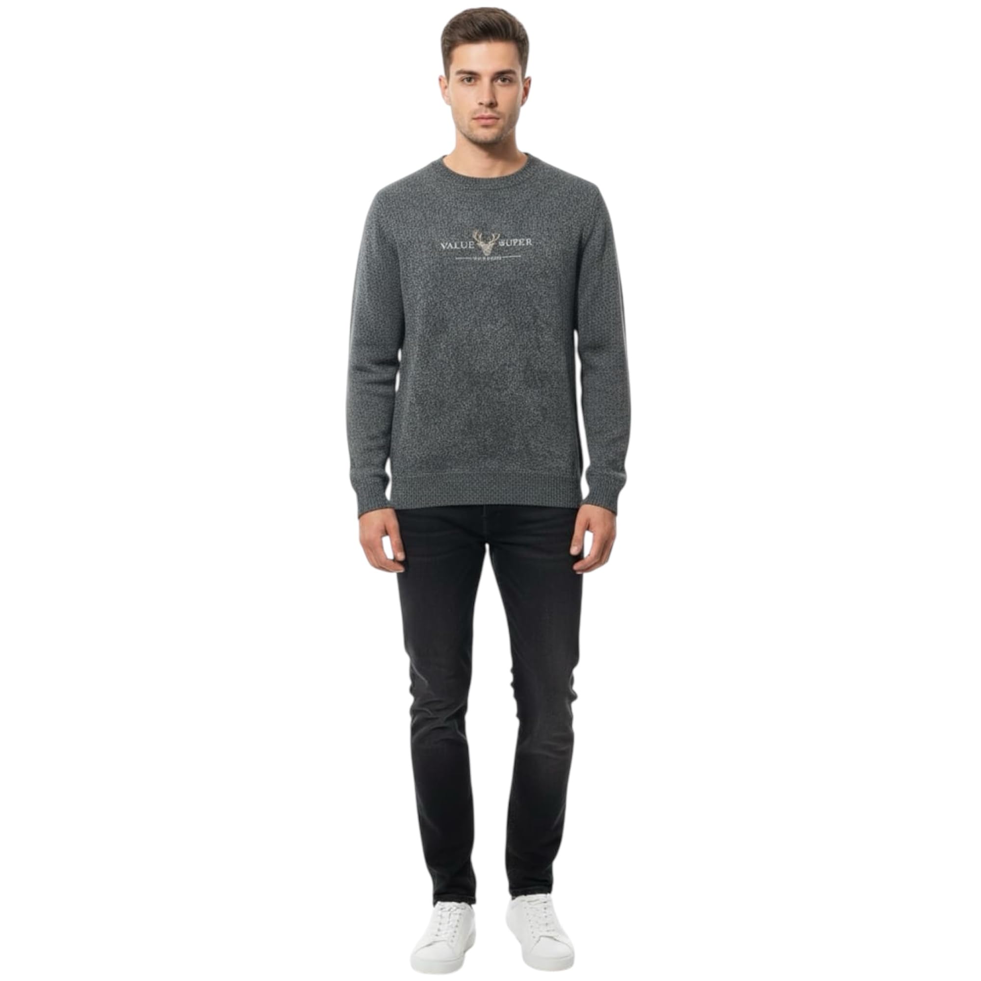 Men's Grey Crewneck Sweater Embroidered Long Sleeve Knit Pullover L-picture-42