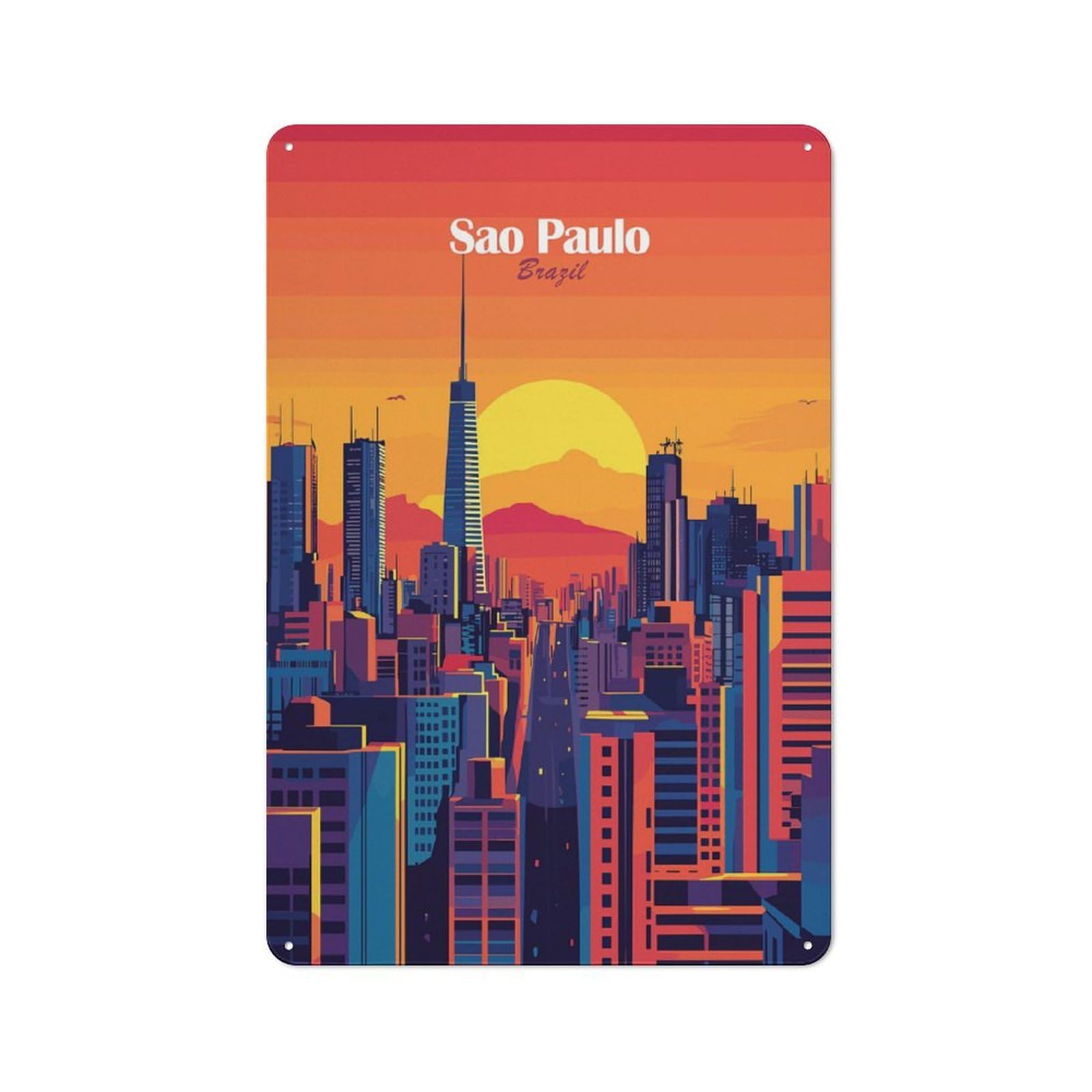 Rustic Sao Paulo Skyline Sunset Tin Wall Plaque 30x20cm, Rustic Kitchen Decor for Cottage, Kitchen, Hallway Or Breakfast Nook