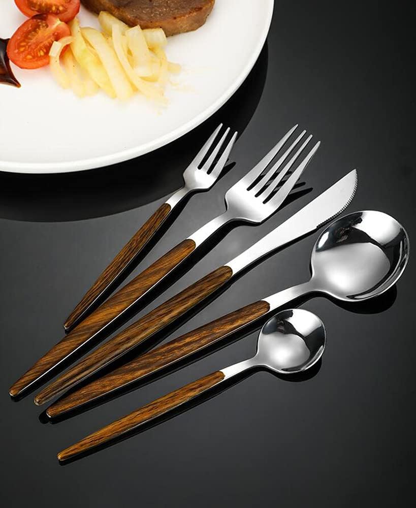 5 Pcs Stainless Steel Cutlery Set, 18/8 Kitchen Silverware, Unique Handle Design, Includes Knife Fork Spoon(Yellow)