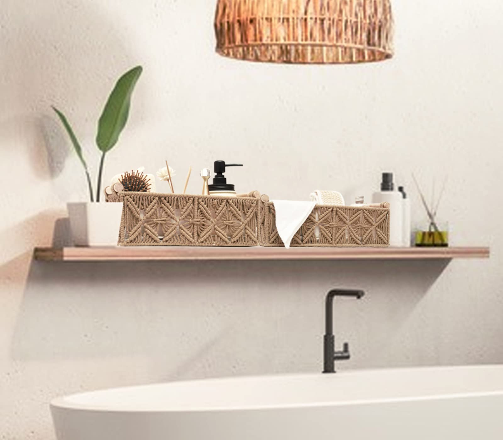Cesta de almacenamiento de macramé, estilo boho, para organizar, tejidas, para papel higiénico y cisterna de inodoro, decoración del hogar con asa, para baño y cuarto infantil, set de 2