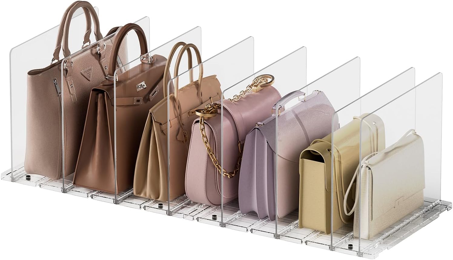 Purse organizer for closet storage adjustable clear shelf dividers