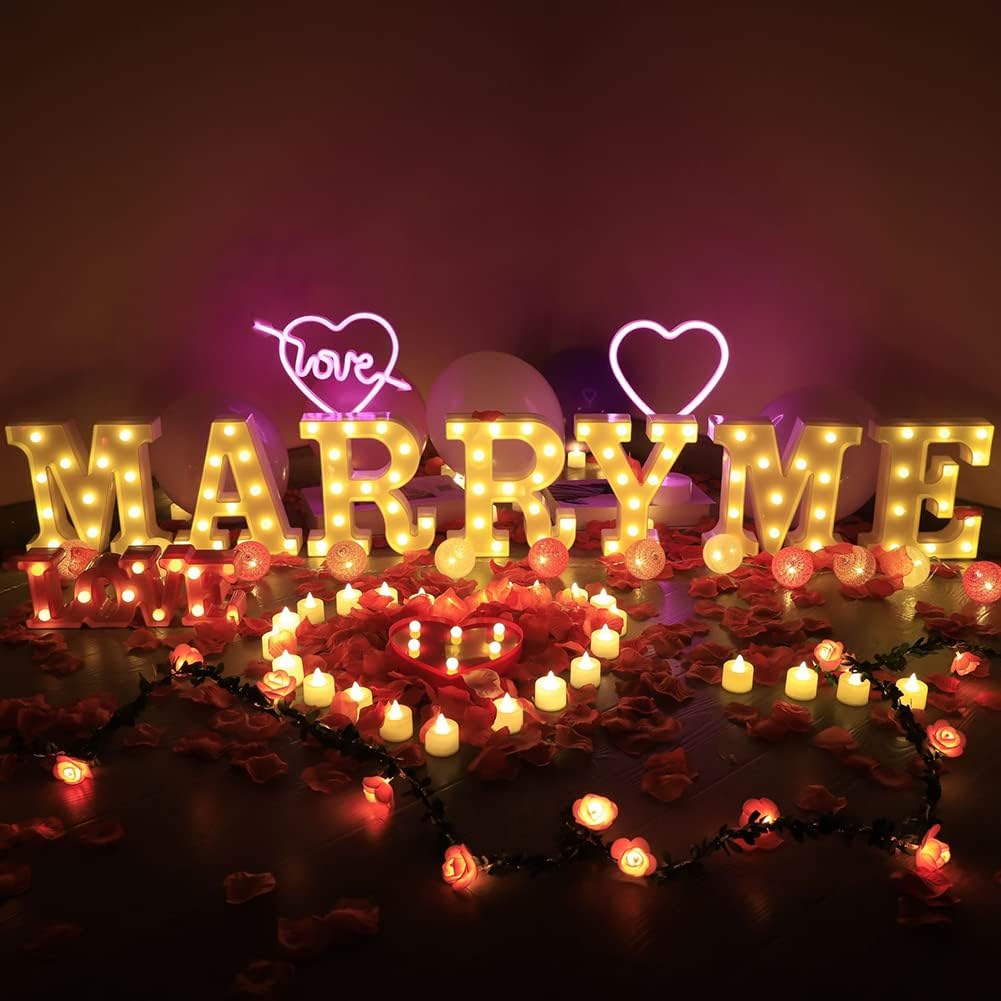 Letras LED 3D 'Marry Me' - Luz Nocturna Romántica para Propuesta de Matrimonio y Decoración de Bodas - Ideal para Aniversarios, Fiestas, Hogar y Restaurantes - Uso Interior y Exterior