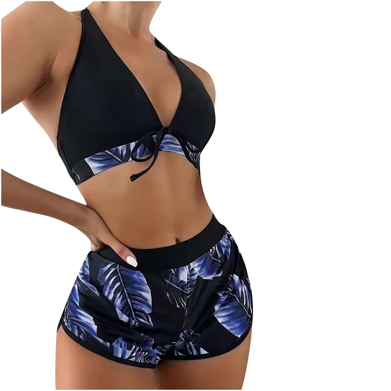 Womens Sporty 3 Pieces Swimsuit Halter Push Up Athletic Bathing Suits Floral Tropical High Waist Bikini Sets Swimwear