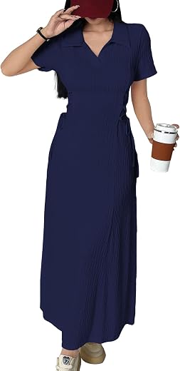 Shasmi Women’s Solid Color Applique Lace-Up Collared Short Sleeve, Side-Tie Waist Long Casual Maxi Women Dress Outfit Long...
