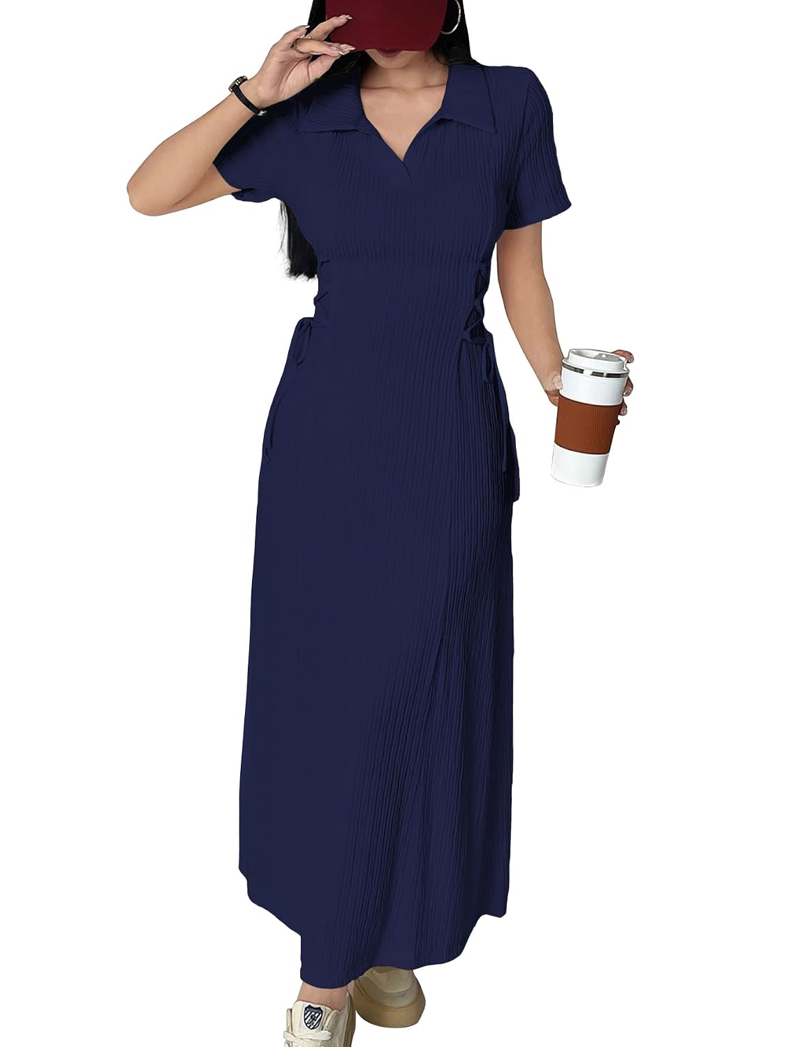 Shasmi Women’s Solid Color Applique Lace-Up Collared Short Sleeve, Side-Tie Waist Long Casual Maxi Women Dress Outfit Long... - Review, Price and Buying Guide