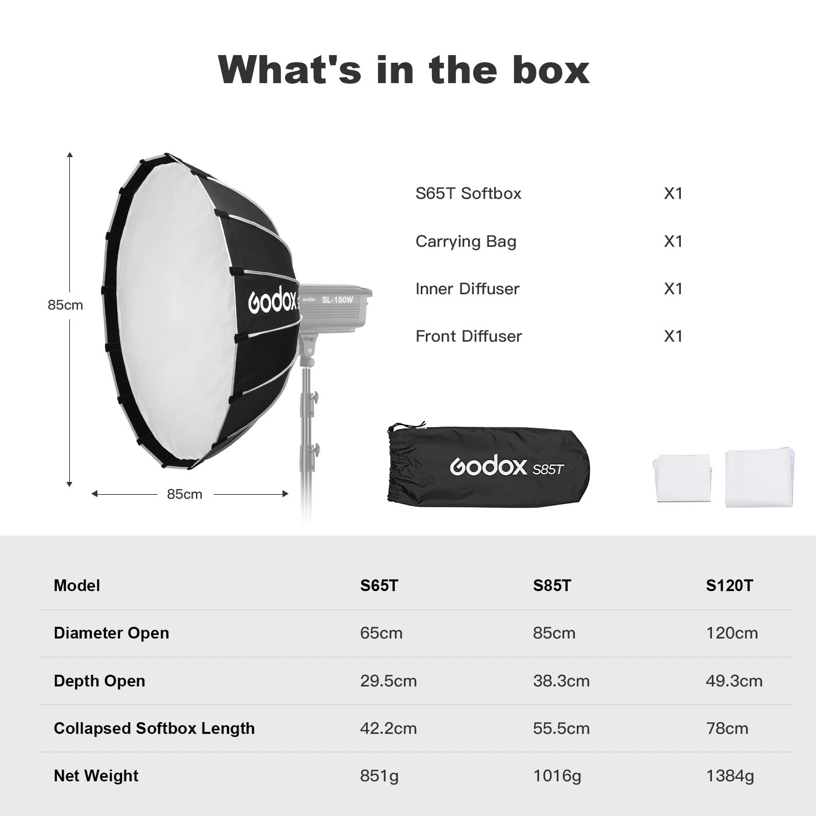 Godox Bowens Mount Softbox 85cm 33.5" Godox S85T Softbox with Diffuser Quick Release Compact for Photography Shooting Continous Light Strobe Flash