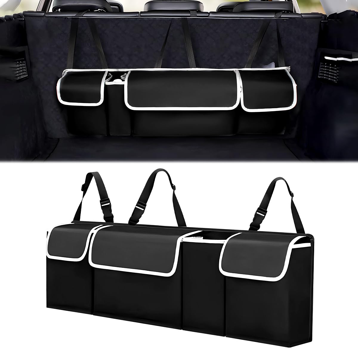 Organisateur Coffre Voiture Avec 4 Poches - Tissu Oxford Imperméable 600D - Sanglage Réglable - Pour Outils, Ustensiles, Voyage