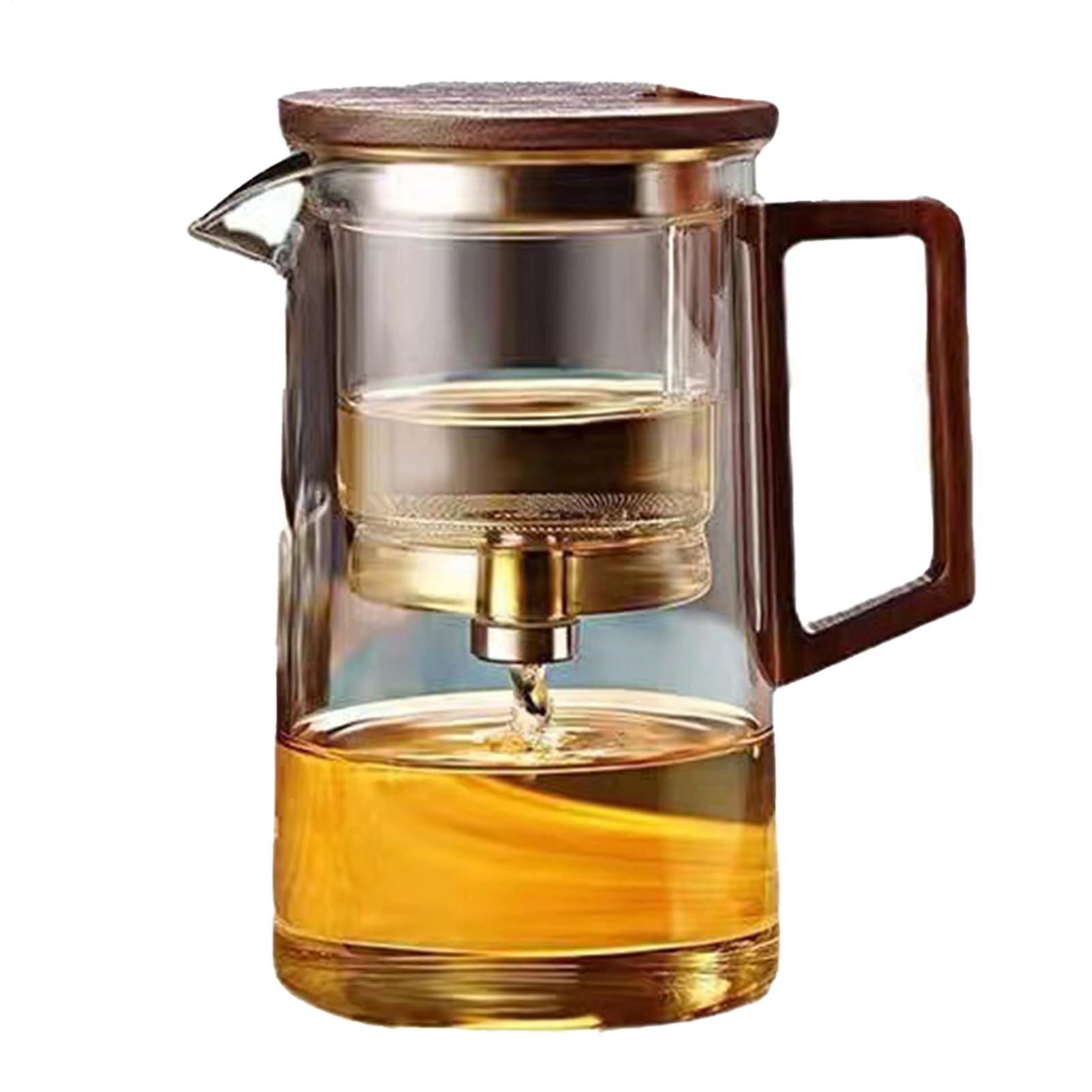 Teiera in con manico - teiera con filtro separazione acqua | Trasparente a un tocco con manico in legno | lavabile in lavastoviglie per tè verde, caffè, erbe aromatiche, boschi
