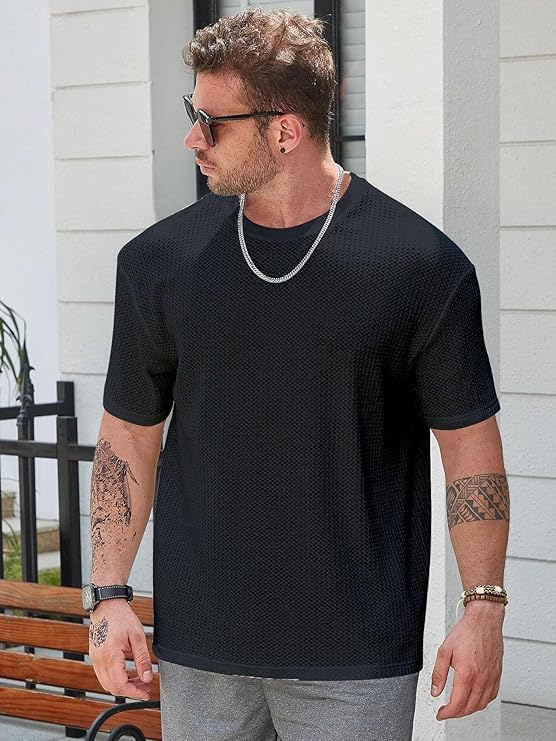 Image of Men Solid Waffle Round Neck Oversized /Dropshoulder |Baggy| Summer T Shirt for Ment Shirt