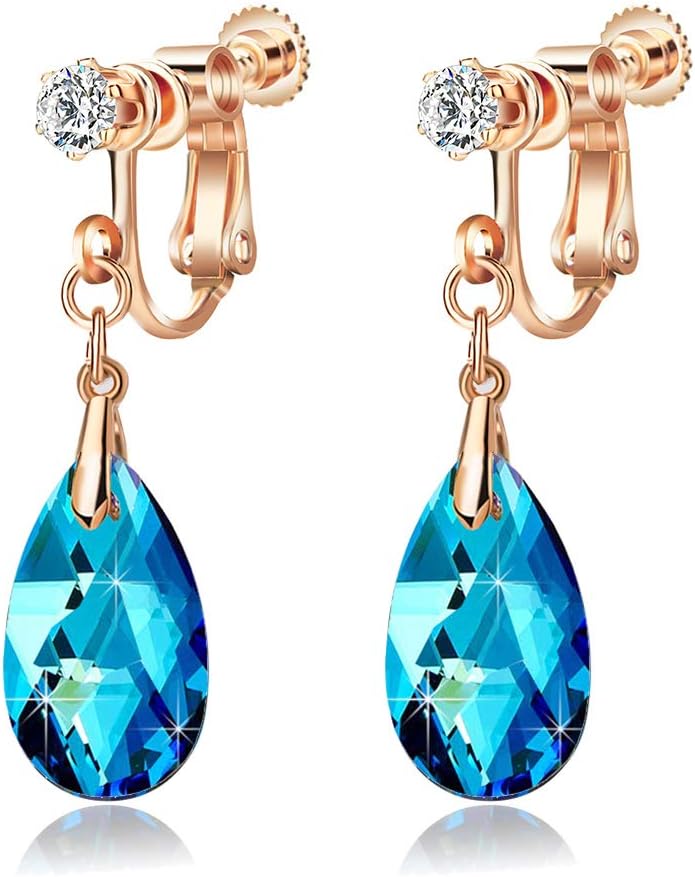 Teardrop Austrian Crystal Drop Clip On Dangle Earrings for Women Non Pierced 14K Rose Gold Plated Hypoallergenic Jewelry