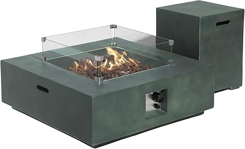 COSIEST Juego de mesa de fuego de propano para exteriores, 2 piezas, piedra sintética verde, mesa cuadrada de 35 pulgadas con quemador de acero