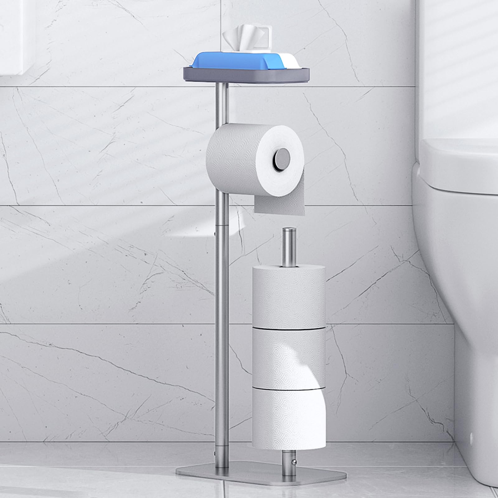 Kitsure Toilet Paper Holder Free Standing – Rustproof Metal Toilet Paper Stand for 4 Rolls with Anti-Slip Base and Shelf for Phone & Small Items, Bathroom Organizers and Storage, Silver