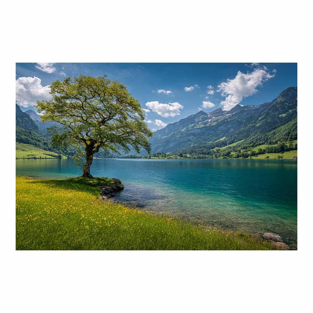HUYEEI Canvas Print Wall Art Lakeside Trees Modern Nature Landscape Poster, for living room, bedroom,Corridor Office Room Decoretc.(blue)-60x80cm Unframed
