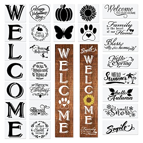 Welcome Letter Stencils for Painting on Wood Canvas and More - Reusable Large Alphabet Calligraphy Font for Home and Front Door, Porch or Outside Decoration Fabric Chalkboard Plastic