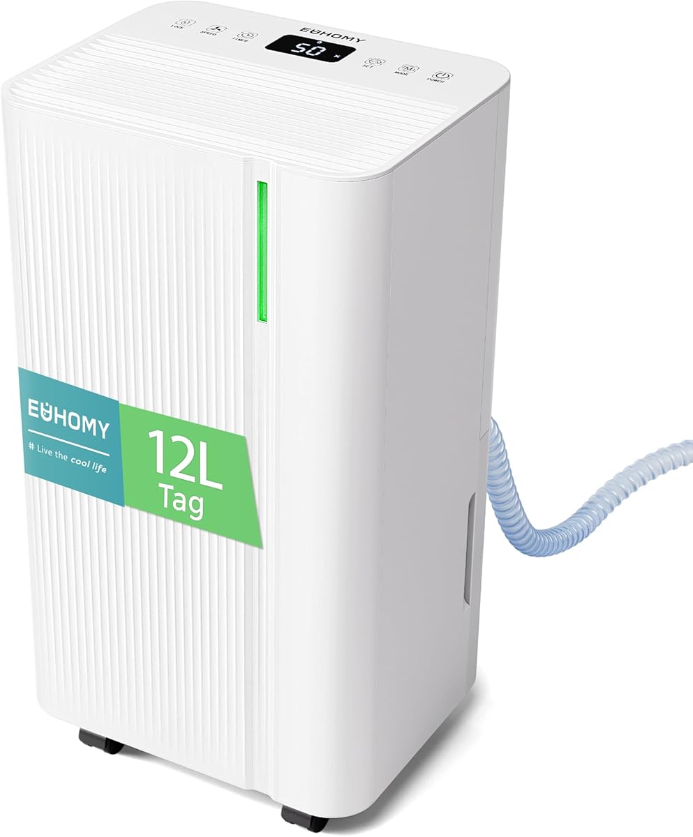 EUHOMY Luftentfeuchter Elektrisch 12L, Entfeuchter Elektrisch für Schlafzimmer/Badezimmer/Keller, Leise & Stromsparende Raumentfeuchter mit 3 Modi, Automatisches Abtauen, Ablaufschlauch, Filter,Timer