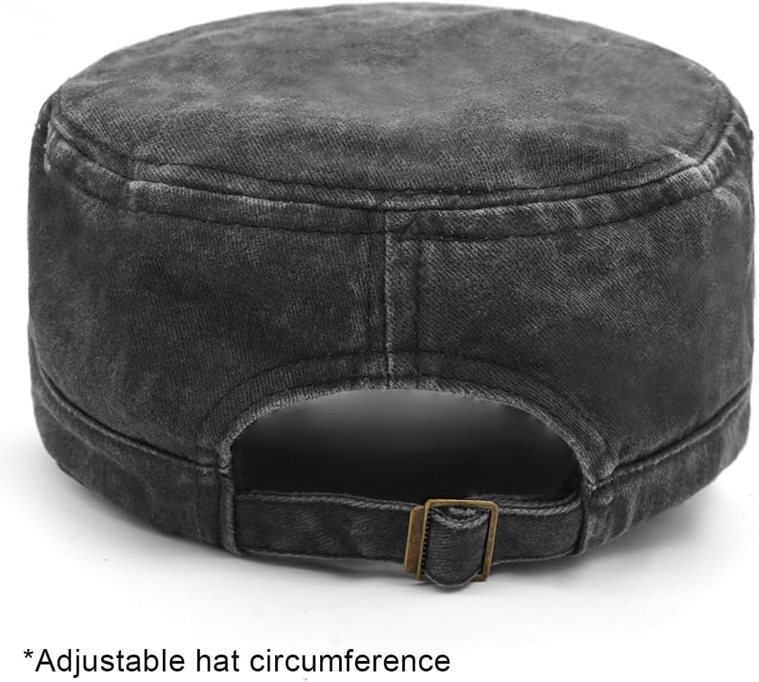 Men's Washed Cotton Army Cap Vintage Military Flat Top Outdoor Baseball Hats Black - Image 6