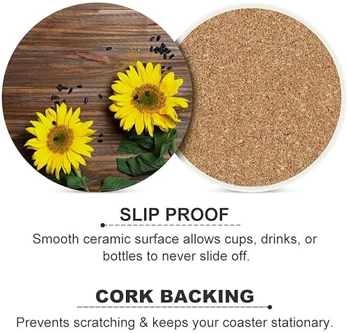 Miniatura 6 de Posavasos con diseño de girasoles para bebidas, base de corcho, cerámica, 6 unidades, para café, tapete absorbente de flores, tazas amarillas,