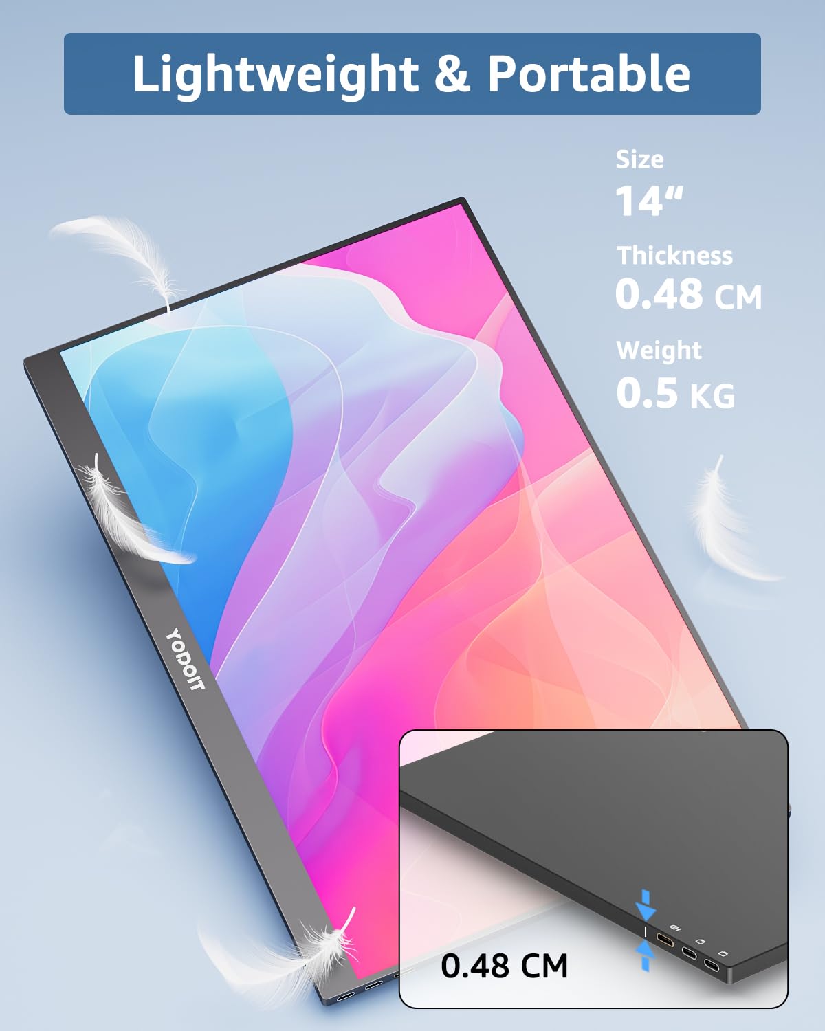 Yodoit Monitor portatile 14 pollici 1920 × 1080 100% sRGB FHD Schermo IPS Display con USB Tipo C Altoparlanti incorporati Cura degli occhi per PC, laptop, MacBook, Xbox, PS 3/4/5, Switch