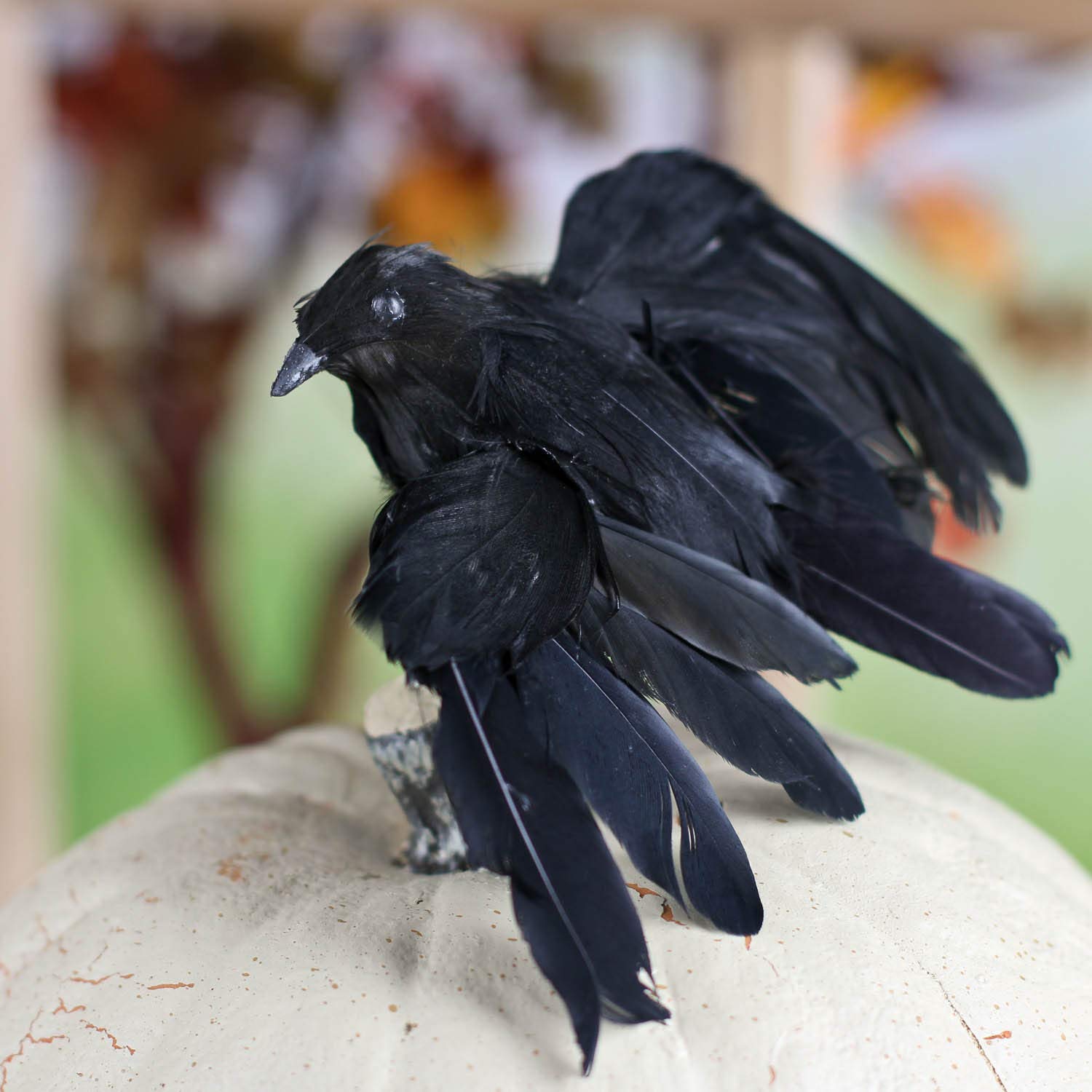 Factory Direct Craft Artificial Black Feather Flying Crows - Realistic Look Fake Black Bird Crows for Haunted House Displays or Costumes and Halloween Decorating, Crafting (6 Pieces)