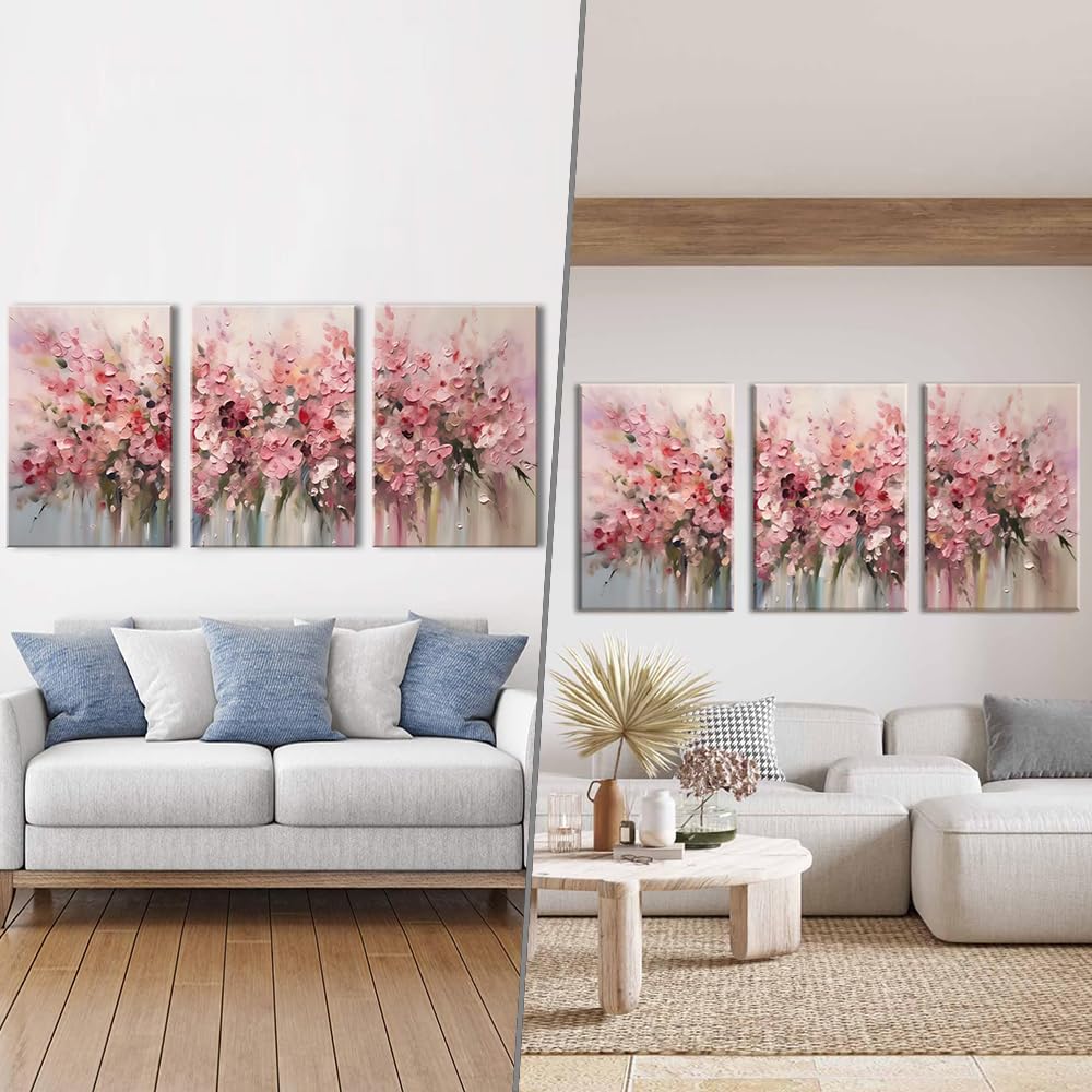 Piy Painting 3 Stück Groß Natur Bilder Wohnzimmer Modern, Rosa Blumenmuster Wandbilder Mit Rahmen,Wandkunst Leinwand Malerei, Leinwanddrucke Für Schlafzimmer Büro Kirche Wanddeko 57X40 cm