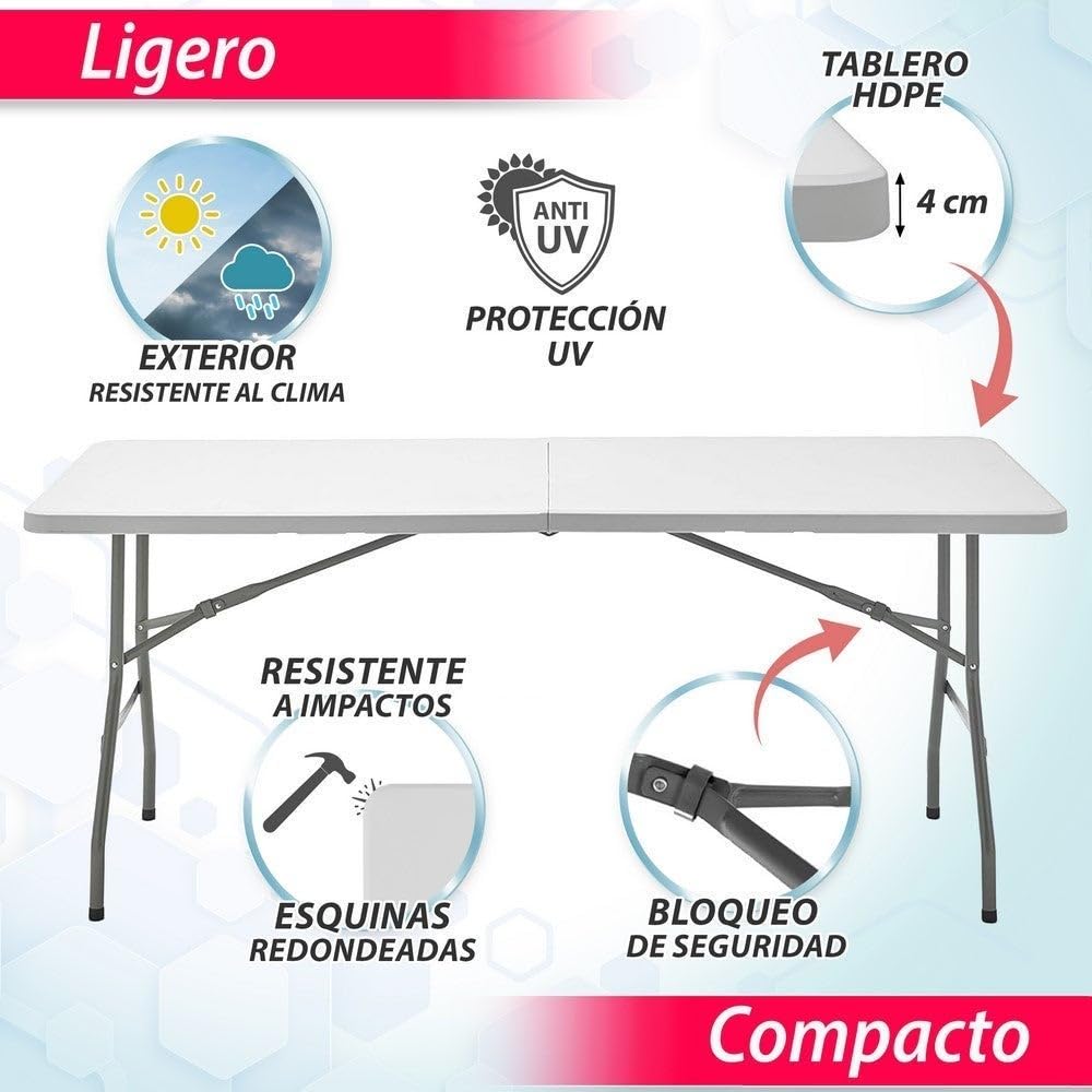 LOLAhome Mesa Plegable, de Acero Anticorrosión y HDPE (De 180x70x74 cm) | Resistente, fácil Transporte, fácil Montaje | Ideal Acampadas, Picnic, Catering, Jardín, Terraza