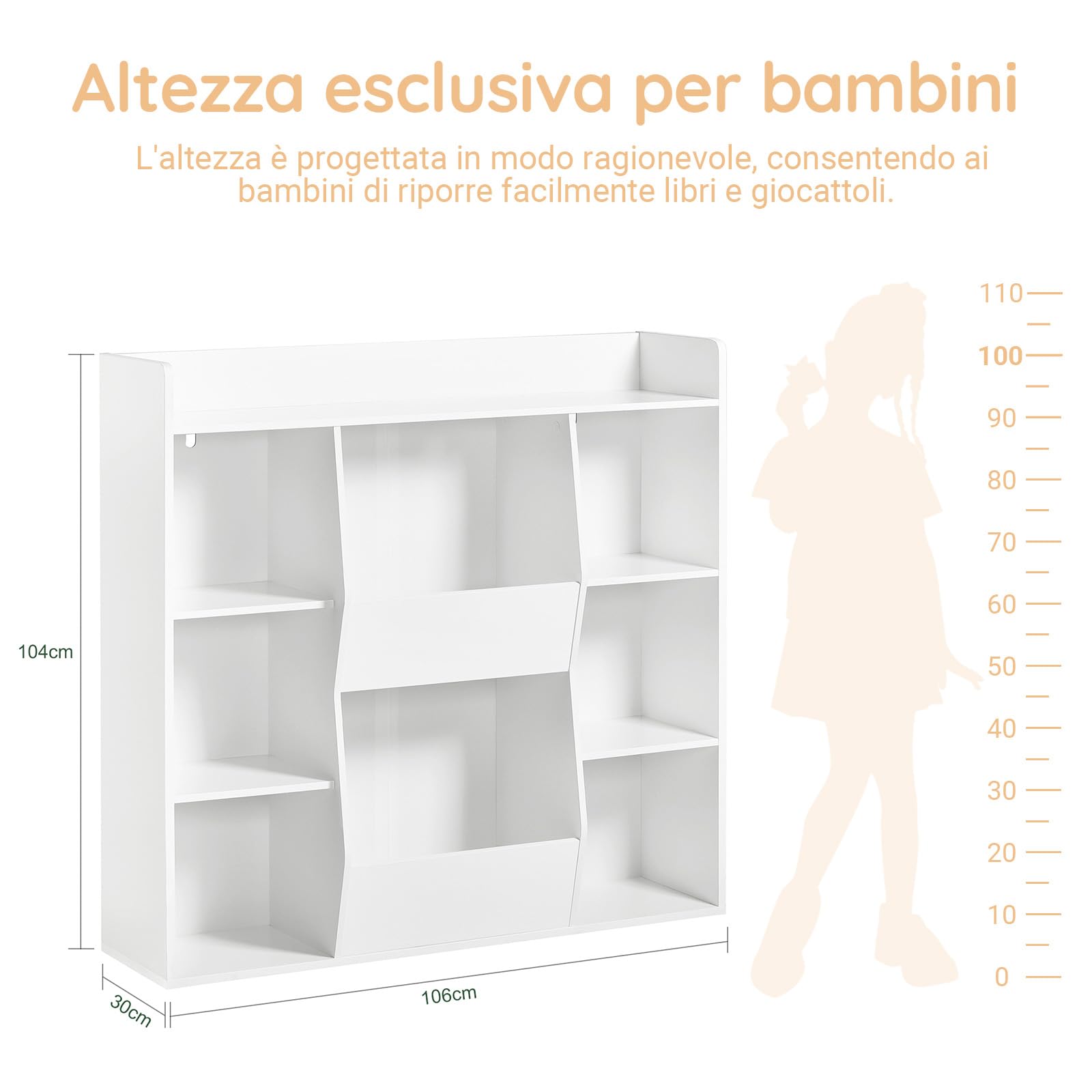 SoBuy Libreria Montessoriana per Bambini - Scaffale Portagiochi con 8 Scomparti Aperti - Libreria da Terra per Cameretta 106x30x104 cm Bianco KMB55-W