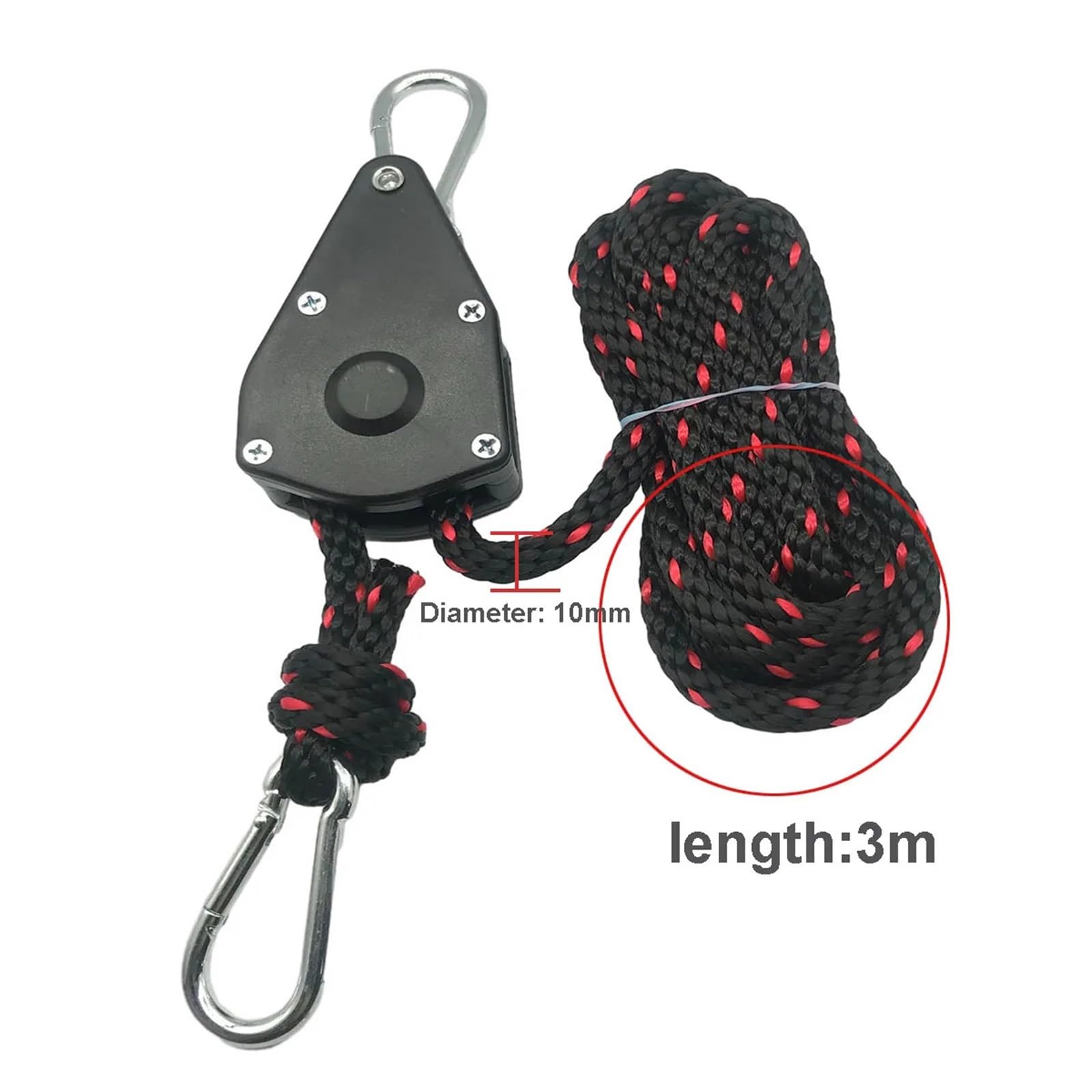 10mm 3/5/10m 100kg Tenda da campeggio Corda Puleggia Cricchetti Canoa Barca Poppa Lega Imbottiture Corda Heavy Duty Corda regolabile Gancio(Black 10m)