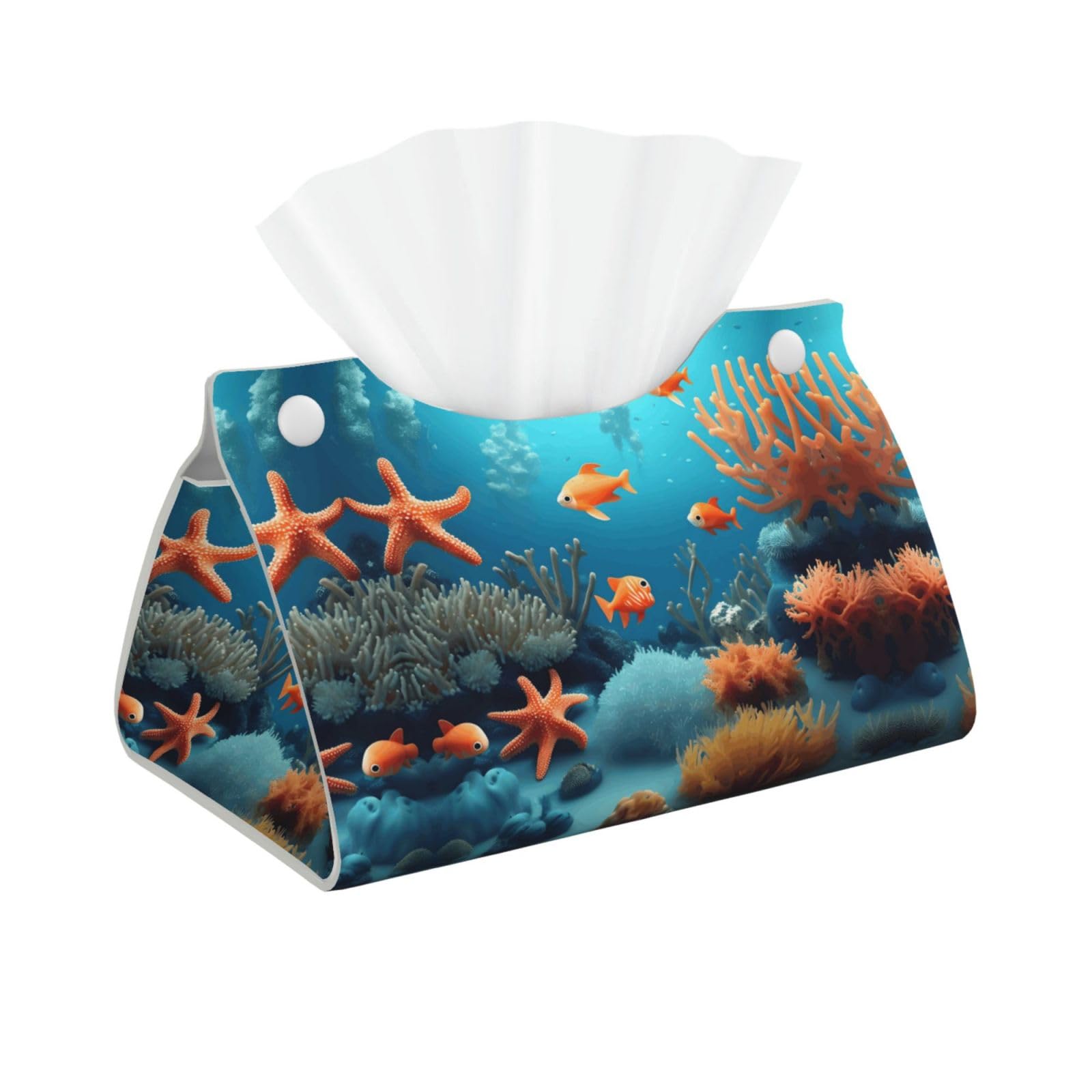 Coral Fish Underwater Print Long Tissue Box Cover Holder – Foldable Leather Organizer for Vanity, Nightstand, Desk & Bathroom