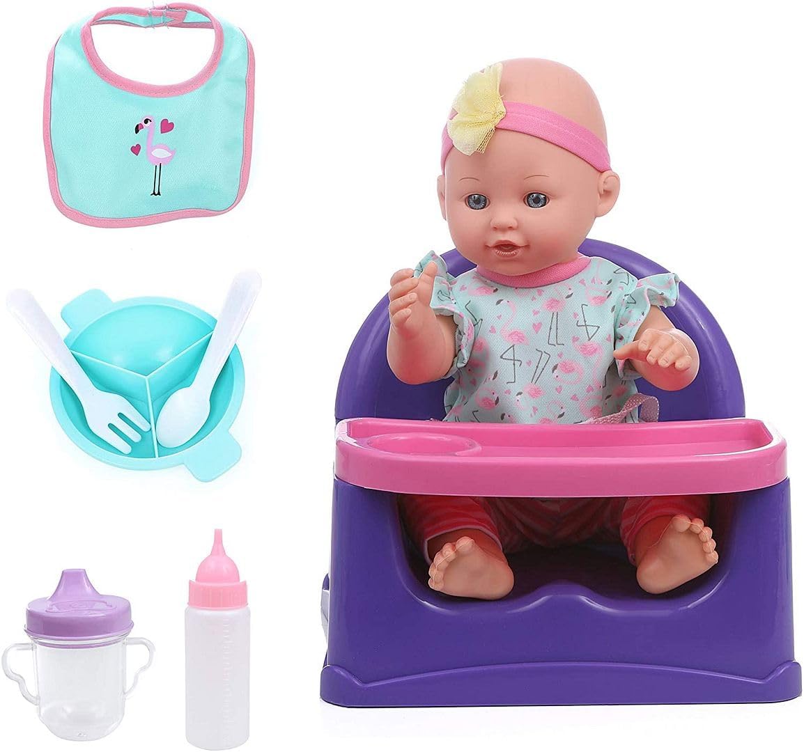 Mommy and Me 14" Doll Pretend Feeding Set for Kids, with Baby Doll, High Chair, Bottle, Sippy Cup, Bib, Plate, Spoon and Fork
