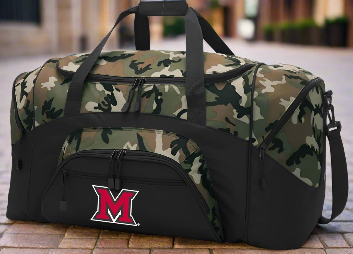 LARGE Miami RedHawks Camo Duffel Bag - Miami University Suitcase for Travel or Miami of Ohio Sports Gear Bag (Camo)