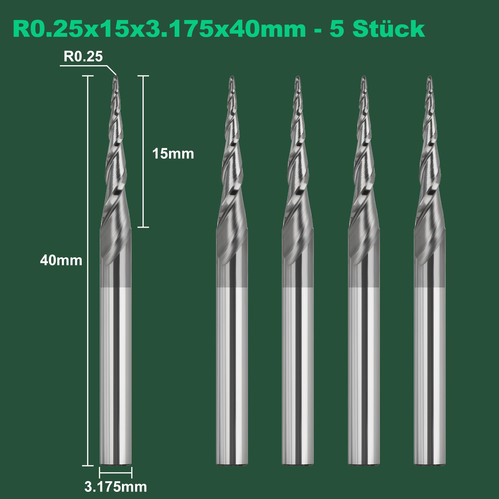 Lot de 5 fraises à tête sphérique - Rayon de 0,25 mm - Fraise CNC en bois - 3,175 mm - Tige 1/8" - 2 flûtes - Longueur totale : 40 mm - Pointe conique - Fraise à queue VHM - Pour gravure 2D