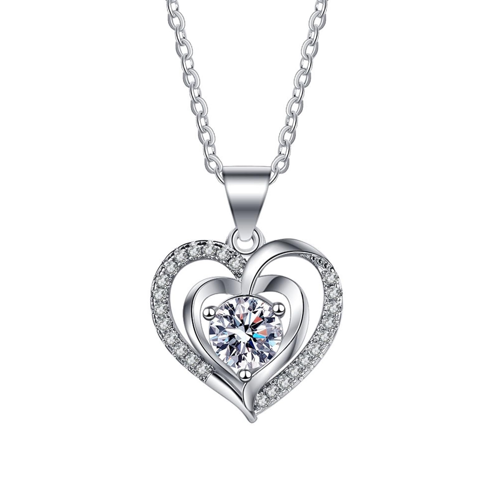 Daesar Collana Donna Oro Bianco 750 18K Vero, Ciondoli Collane Donna Classico Doppio Cuore con Diamante Sintetico Rotondo Oro Bianco, 45CM Lunghezza