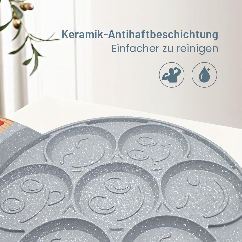 RANX INGST Pancake Pfanne Induktion, Antihaft Keramikbeschichtung, Pancake Maker 7 Löcher mit Abnehmbarer Griff, Spiegelei Pfanne zum Kinderfrühstück - Blau
