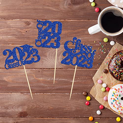 30 Pack 2023 Graduation Theme Cupcake Toppers Glitter Class Of 2023 Cupcake Picks Graduation Cap Cake Decorations For 2023 Graduation Theme Party Supplies Blue #TOP3
