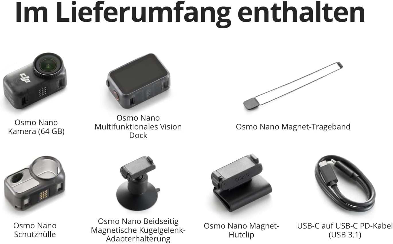 DJI Osmo Nano Standard Combo 64 GB 4K/60fps Mini-Cam 1/1,3″ Sensor 143° Weitwinkel-Video 200 min Akku wasserdicht POV-Kamera