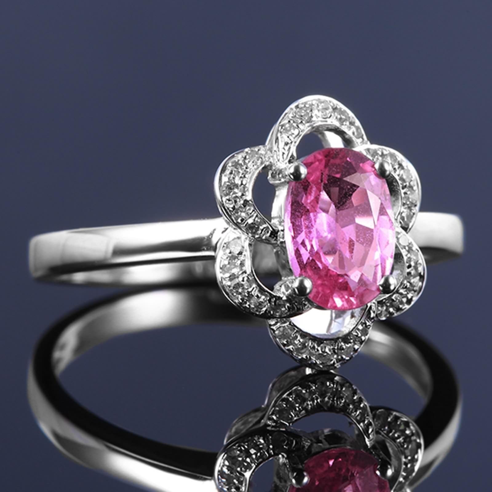 Bague en or blanc 18 carats Au750 avec fleurs et saphir 0,9 carat taille ovale - Alliances avec diamant en or 750 véritable