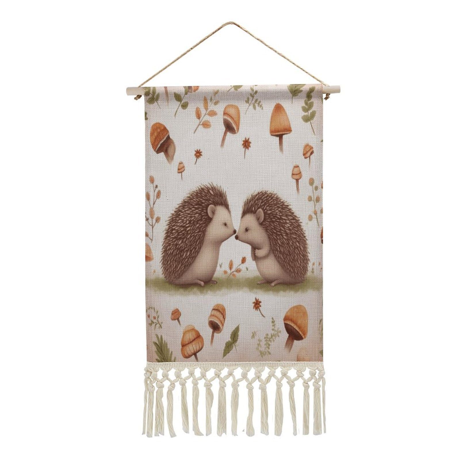 VstaDank Nature Lovely Hedgehog Lovers Wall Art Decor with Tassels 20"x10" Cotton Linen Hanging Tapestry Decor Wall Art Prints Wood Frame Boho Wall Art Poster for Bedroom Living Room Office